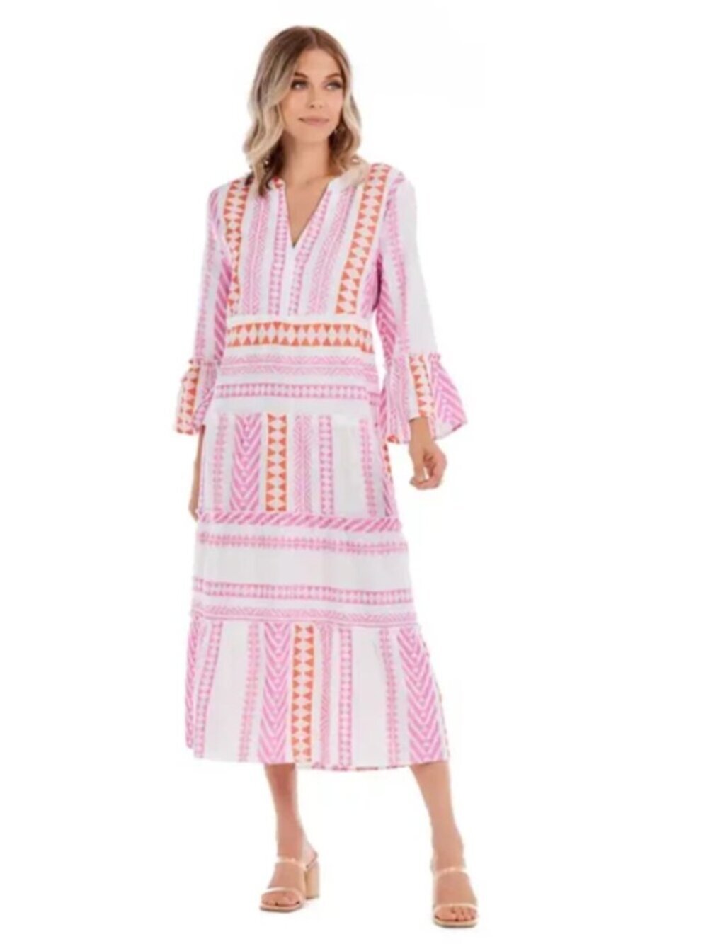 Mud Pie Mari Yarn Die Midi Dress in Pink and Orange Size Small Women's